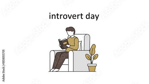 A young adult sits on a couch reading a book next to a potted plant on an introvert day with a minimalist aesthetic.