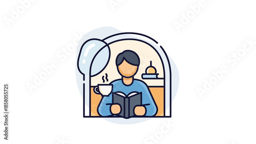 A man in a blue shirt sits in a train or bus reading a book and holding a coffee cup with a speech bubble beside him.