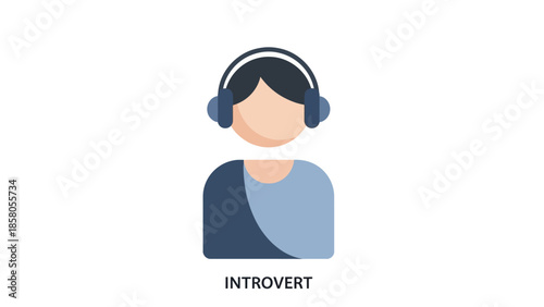 Illustration of a person wearing headphones labeled as introvert on a plain background with a simple graphic style and muted blue tones.