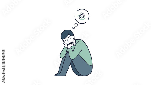 Illustration of a melancholic young man sitting with his head resting on his hand, lost in thought on a plain white background with a contemplative mood.