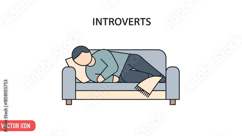 Vector illustration of a man reclining on a gray couch in a relaxed position with a plain white background.