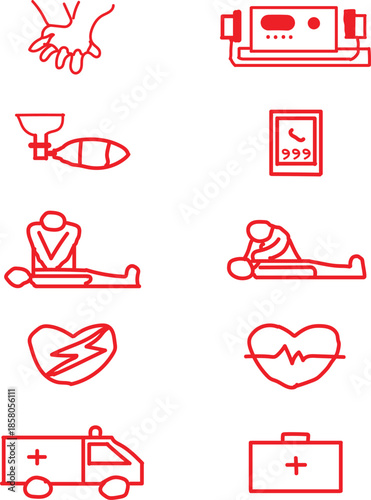 Red emergency first aid icon set with CPR and heart resuscitation