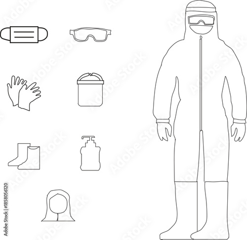 Personal protective equipment PPE icon set with hazmat suit and safety gear