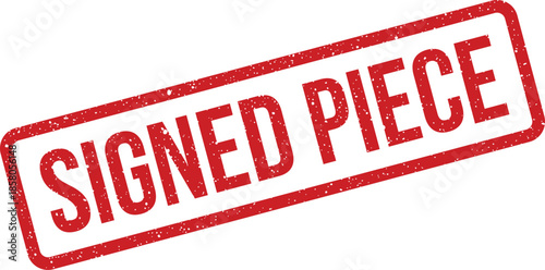 Distressed red rubber stamp featuring SIGNED PIECE text, suitable for authenticating individual works or components