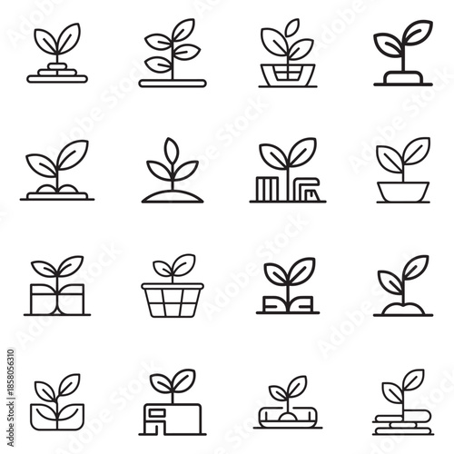 Collection of minimalist line art icons depicting various stages of plant growth and horticulture