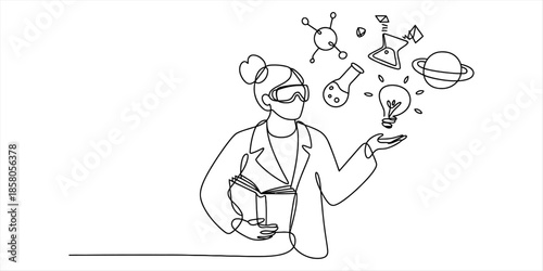 A continuous line drawing of a scientist holding a book and surrounded by science symbols Vector, illustration