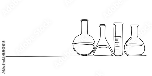 Continuous line drawing of chemical laboratory glassware in a minimalist style Vector, illustration