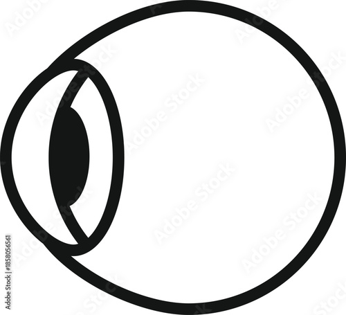 Minimal black and white line illustration of a human eyeball cross section showing cornea and pupil, representing vision, eyesight, eye anatomy, optics, and visual perception concept.