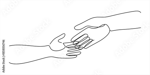 A continuous line drawing illustrating two hands reaching out in a gesture of help and support Vector, illustration
