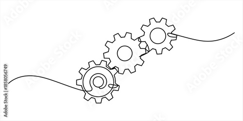 Continuous line drawing of three interlocking gears symbolizing a mechanical process Vector, illustration
