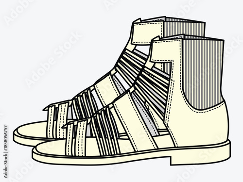 Strappy sandals for women mockup template vector design technical illustration.