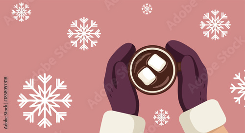 Warm winter beverage enjoyed by gloved hands adorned with festive snowflakes on a soft pink backdrop creating a cozy seasonal atmosphere perfect for