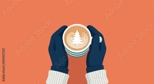 Warm beverage held in gloved hands featuring festive latte art on a vibrant background perfect for seasonal greetings