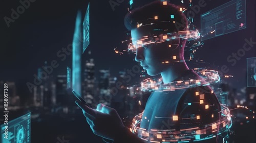 Man Using a Smartphone Surrounded by a Ring of Futuristic Data