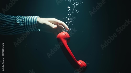 Hand Holding a Red Retro Telephone Receiver Sinking Under Water
