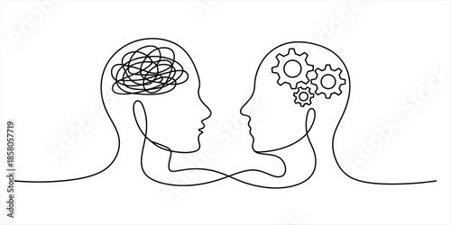 Continuous line drawing of two contrasting minds: confusion versus logical thinking Vector, illustration