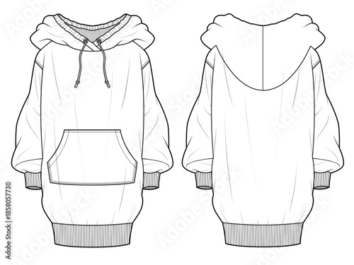 Longline hoodies for women technical flat design vector mockup template.