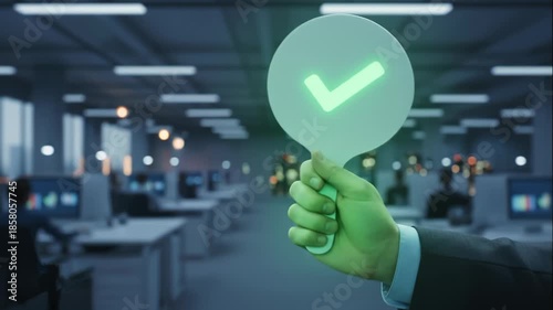 Hand Holds Checkmark Paddle in Corporate Office Setting Approval Concept