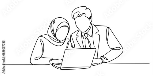 Continuous line drawing showing professional collaboration between a man and a woman Vector, illustration