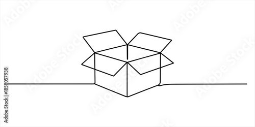 Minimalist continuous line art illustration of an open cardboard box for packaging and delivery Vector, illustration