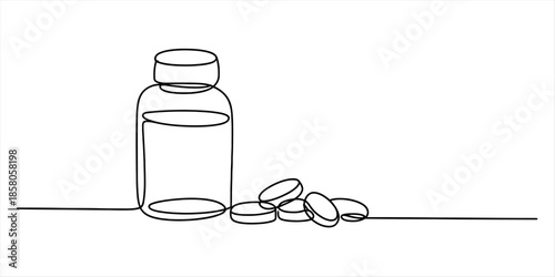 Continuous line drawing of a medicine bottle with pills Vector, illustration