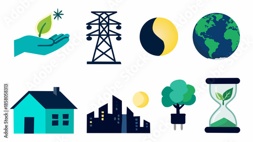 Earth Hour Sustainability Icons in Flat Style for Eco Awareness