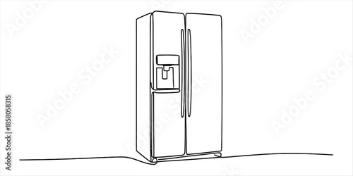 Side-by-side refrigerator with water dispenser in minimalist line art Vector, illustration