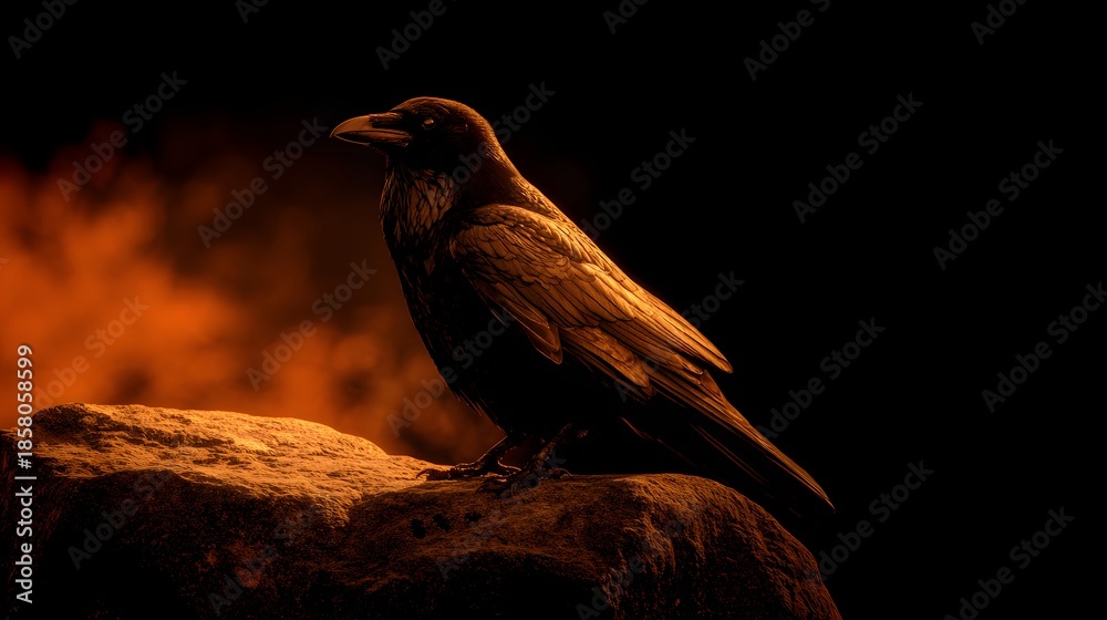 Obraz premium Mysterious Raven Perched on a Rock with Fiery Background.