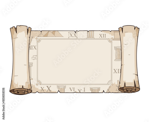 Ancient Egyptian Scroll Paper with Roman Numerals and Pyramid Illustration on Wood Background