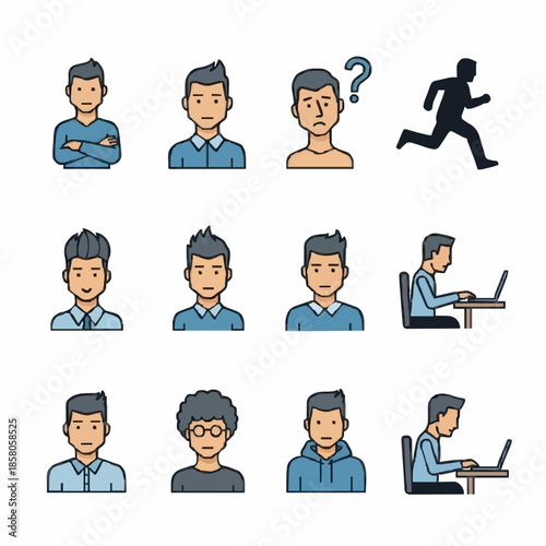 A collection of diverse male cartoon avatars depicting different expressions, actions, and character types in a clear grid format.