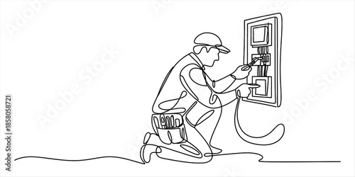 Continuous line art of an electrician working on an electrical panel Vector, illustration