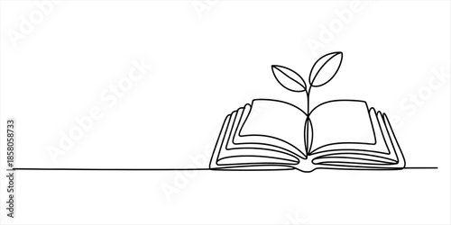 An open book with a small plant growing from its pages Vector, illustration
