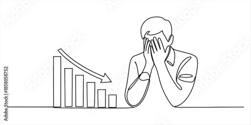 Continuous line drawing of a person experiencing disappointment due to declining financial results Vector, illustration