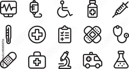 Outline medical icons illustrating various healthcare and emergency concepts