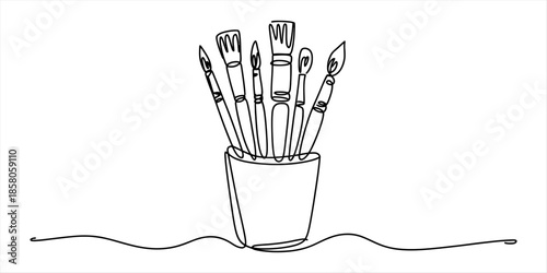 Single continuous line art drawing of paintbrushes in a cup for artistic hobbies Vector, illustration