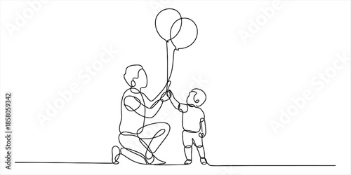 A continuous one line drawing depicting a parent kneeling and giving balloons to a child Vector, illustration