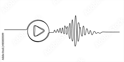 Minimalist continuous line drawing depicting a play button connected to a sound wave Vector, illustration
