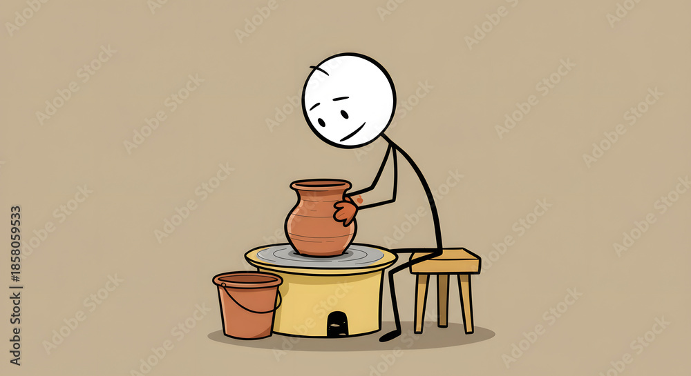 custom made wallpaper toronto digitalStick Figure Potter Creating Clay Pot on Wheel - Artistic Craft Hobby Illustration