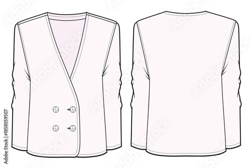 V neck double breasted blazer design technical flat sketch vector mockup template.