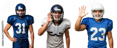 Three Male Football Players in Uniforms Displaying Different Poses and Expressions