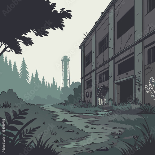 Abandoned Industrial Building Overgrown Path Pixel Art