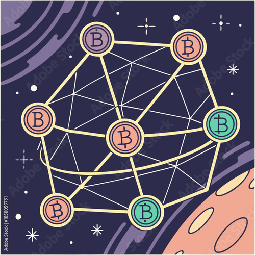 Abstract Bitcoin Network Illustration in Space