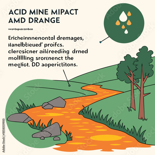 Acid Mine Drainage Illustration Showing Orange Contaminated Water Flowing Through a Green Landscape