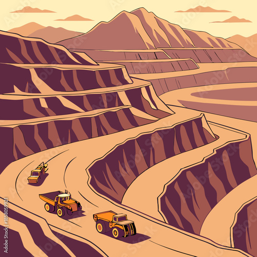 Aerial View of an Open-Pit Mine with Heavy Machinery at Sunset