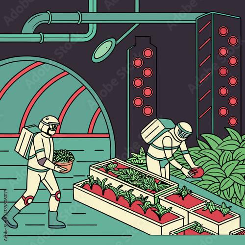 Astronauts Cultivating Plants in Futuristic Underground Facility