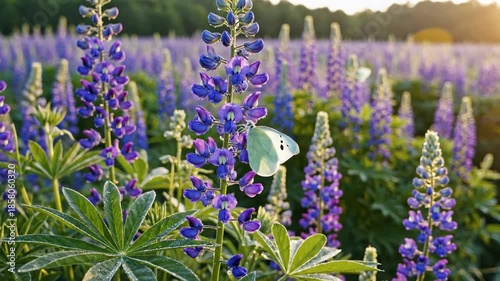 A butterfly rests on blooming purple lupines in a tranquil field.
