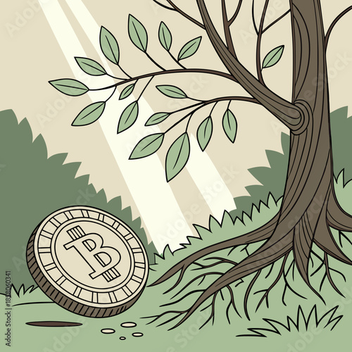 Bitcoin Coin Beneath a Tree Roots Illustration