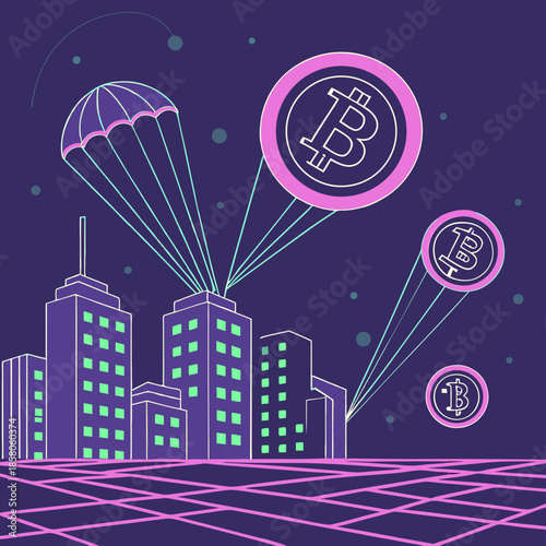 Bitcoin Cryptocurrency Falling Over City at Night