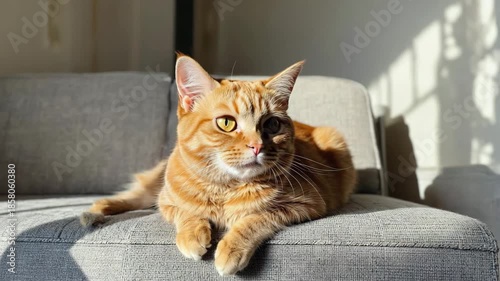 cute brown cat sitting on sofa at home and moving her head.ai 