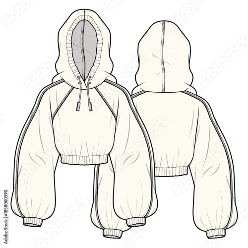 Women’s oversized cropped hoodies technical flat drawing vector mockup illustration.